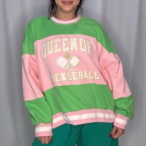 Queen of Sparkles Green & Pink Stripe Pickleball Sweatshirt NWT